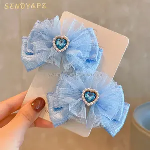 Cute Kids Girls Lace Blue Bowknot Hairpins Princess Snowflake Feather Heart Diamond Pearls Tassels Hair Clips For Children