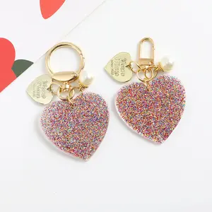Cute Heart Keychain Fashion flash acrylic heart key chain Gifts for Women Charms Car Bag pearl pendant Key Chain