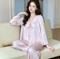 Pakaian Tidur Gaya Prancis Bahan Satin Poliester Tipis Model Kerajaan Manis Lucu Lengan Panjang Nyaman Dipakai untuk Tidur