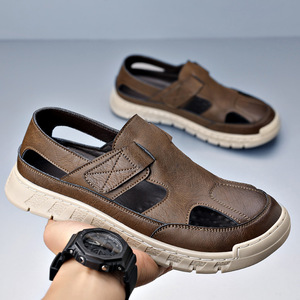 Sandalias de Verano para Hombre, de Cuero Genuino, Punta Abierta, Transpirables, Casuales, con Suela de EVA, Color Sólido, Estilo Slip-On - Product Image 1