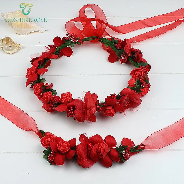 Coshinerose Luxury Floral Crown Tiaras Fairy Hair Garland Wreath Hairband Artificial Flower Wrist For Holiday