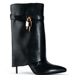 Fold Over Stiletto Women High Thin Heels <b>Booties</b> Girl's Shark Lock Short <b>Ankle</b> Boots Fancy Overlay Shoes - Product Image 4