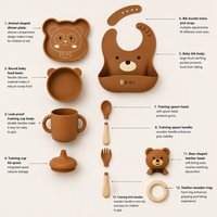 Ensemble d'alimentation pour bébé en silicone Ours brun, thème animal, assiette, bol, tasse, cuillère, fourchette, anneau de dentition pour les repas