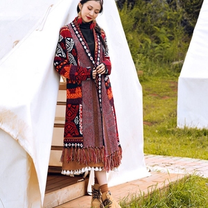 Donna autunno nuovo Design a maniche lunghe bohémien Jacquard stile <span class=keywords><strong>lungo</strong></span> Vintage maglione Casual <span class=keywords><strong>rosso</strong></span> <span class=keywords><strong>Cardigan</strong></span> con nappe - Product Image 3