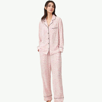 Pakaian Tidur Modal Custom ODM Bahan Katun Bambu Lembut dan Bernapas dengan Lis Piping, Piyama PJ Loungewear Set Wanita