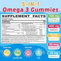Gummies Omega 3 pour enfants saveur pêche DHA EPA Calcium Vitamines D3 K2 C Soutien Concentration Croissance Immunité 60 unités Oursons Gommeux