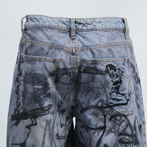Spray Paint Design Vintage Washed Blue Streetwear Baggy Jean Jorts Graffiti Print Denim <strong>Shorts</strong> with Frayed Hem - Product Image 6