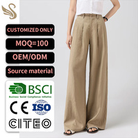 Pantalon plissé taille haute kaki personnalisé pour femme, coupe large décontractée, idéal pour l'été – Usine certifiée OEM ODM BSCI