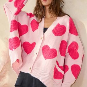 Kustom grosir musim gugur wanita Formal modis bordir bersirkulasi hati leher V rajutan sweter kardigan Pullover ukuran besar - Product Image 1