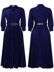 Abiti Casual all'Ingrosso Autunno 2026 da Donna Vintage con Scollo a V, Cintura, Tinta Unita, Vita Alta, Gonna Plissettata a Lunghezza Media e Maniche Regolari - Product Image 5