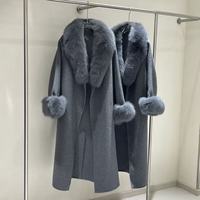 Manteau populaire pour femme en laine double face avec col en fourrure de renard, ceinture et poches, chaud pour l'hiver