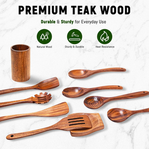 Juego de Utensilios de Cocina Portátiles y Duraderos de 10 Piezas, Hechos a Mano, de Madera de Teca Natural, Estilo Americano, con Herramientas de Cocina Antiadherentes - Product Image 3