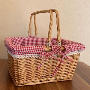 Rattan Woven Storage <b>Basket</b> Rectangle Handmade Linen Lining With Handle For Fruit <b>Egg</b> Picnic Shopping - Product Image 2