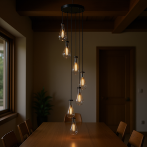 Lustre suspendu réglable à 7 lumières, en fer noir avec abat-jour en verre cloche, LED E26, grand modèle pour salle à manger, salon, et éclairage d'escalier - Product Image 2