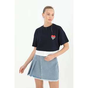 T-shirt à manches courtes en popeline pour femme, bleu marine, écru, imprimé cœur, décontracté, printemps-été, respirant - Product Image 2