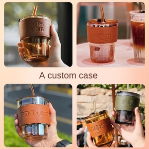 <span class=keywords><strong>Mug</strong></span> à café en verre <span class=keywords><strong>transparent</strong></span> personnalisé de qualité supérieure avec couche en cuir, couvercle et paille, pour boissons, jus et lait - Product Image 3