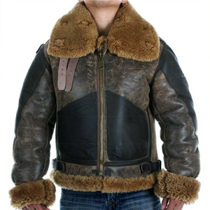 Mens Aviator B3 Shearling Distressed Leather Jacket Flying RAF Bomber Real Sheepskin Warm Filling <b>Fur</b> Vintage Jacket Coat OEM - Product Image 1