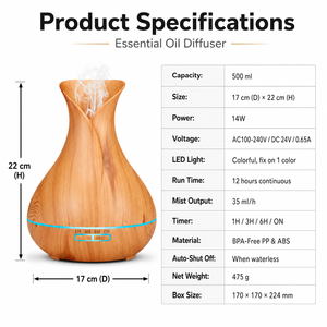 Diffuseur <span class=keywords><strong>d</strong></span>'arômes en bois grainé 500 ml, humidificateur ultrasonique sans BPA, 14 W, 7 couleurs LED, minuterie 1/3/6 h, arrêt automatique, AC100-240V, OEM - Product Image 6