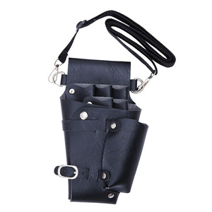 Hairdressing <b>Tool</b> Bag With Adjustable Strap 5-9 Pockets Black <b>Leather</b> Waist Bag For Scissors And Comb Storage - Product Image 1