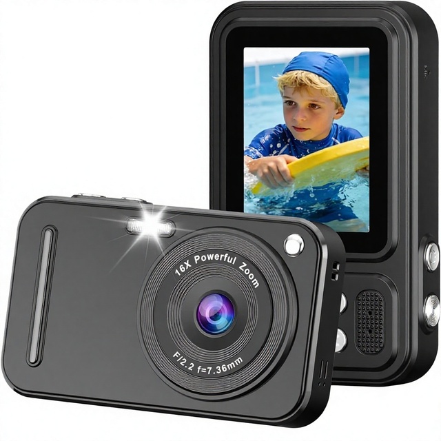 Kids Digital Camera 48MP FHD 1080P CMOS Sensor 16X Zoom Anti-Shake Video Compact Portable for Boys Girls Teens Beginners-Black