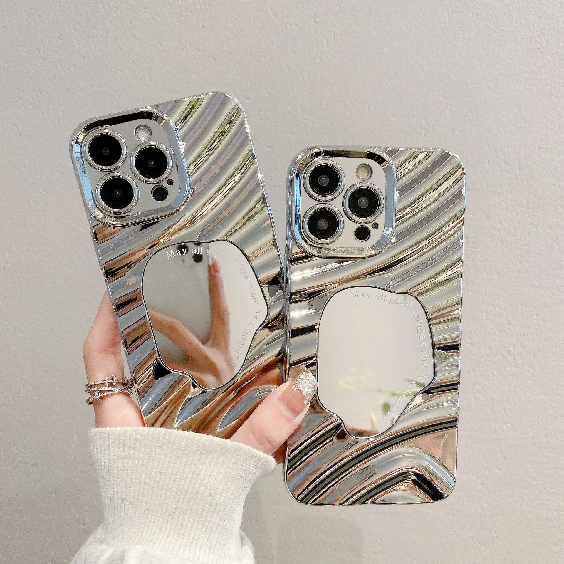 Wave Pattern Electroplating Makeup Mirror Silver Phone Case For iPhone 15 14 13 12 11 Pro Max