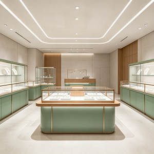Aménagement intérieur de bijouterie de luxe, vitrine sur mesure pour bijoux, équipement de magasin, kiosque à bijoux en laiton vert pour boutique de détail - Product Image 3