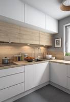 Armoires intégrées personnalisées pour toute la maison, style français chaleureux, grand espace ouvert, armoires supérieures et de base sculptées, comptoir en marbre