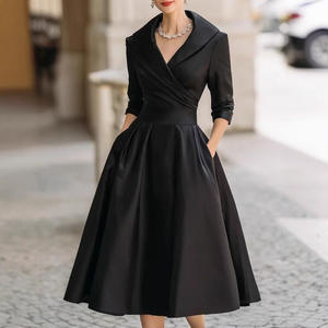 Robe de soirée élégante mi-longue plissée à col en V et manches longues, avec poches, coupe ajustée pour femme, collection 2026 - Product Image 2
