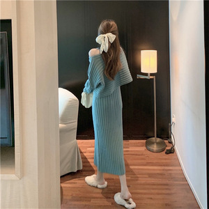 Set di maglioni autunno inverno elegante maglione Pullover a maniche lunghe + abiti a tracolla lavorati a <span class=keywords><strong>maglia</strong></span> di base completo coreano Set da 2 pezzi - Product Image 5