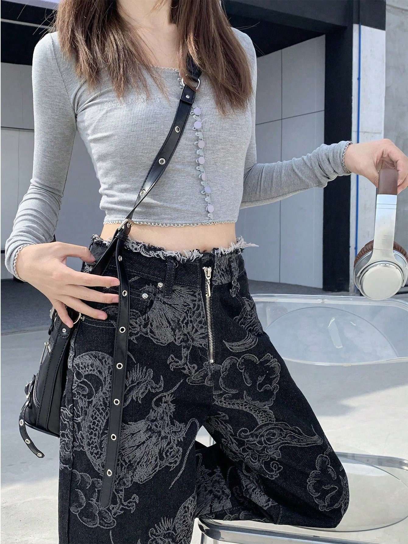 Women Goth Baggy Jeans Straight Leg Jeans Pockets Casual Streetwear Y2K  Dragon Print Denim Flare Pants for Women