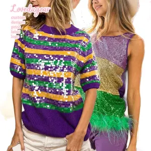 Lovedagear Custom Private Label Pearl Color Block Faux Feather Hem Sequin Sweater Top For Women mardi gras apparel