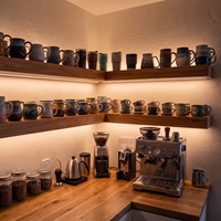 Étagères de présentation personnalisées pour collection de tasses à café, en noyer noir, étagères flottantes éclairées avec commande tactile