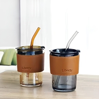 Tasse de voyage en verre de 450 ml avec logo personnalisé, pour lait et café, avec paille, résistante à la chaleur, bouteille d'eau ambrée, gobelet avec manchon en cuir