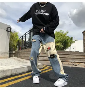 Custom Street Style Y2K Baggy Jeans Stitching Ripped Jeans Men&#39;s Embroidery Patch Work Y2K Denim Jeans Slim Print Pattern