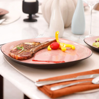 Service de table en grès émaillé brossé à la main, motif tourbillon noir et rose, 16 pièces, compatible micro-ondes et lave-vaisselle, idéal pour les fêtes et comme cadeau