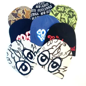 Custom Biologische Katoen Geweven Jacquard Gebreide Muts Beanie Met Logo Platte Borduurwerk