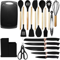 Ensemble d'Ustensiles de Cuisine Personnalisé de 19 Pièces en Gros, avec Planche à Découper, Rangement, Manche en Bois, Seau et Couteau Antiadhésif