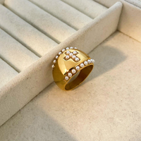 Bague Croix Incrustée de Perles d'Imitation, Bijoux en Acier Inoxydable en Gros, Bague Croix Chunky Rétro en Acier Titane