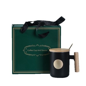 Ceramic Mug With Wooden Handle And Lid Three Piece Set Nordic Style Coffee Milk Cup With Spoon Solid Color Gift Packaging - Product Image 5