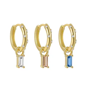 EQE106 RINNTIN 18K Gold Plated S925 Sterling Silver Emerald Cut Cubic Zirconia Diamond Drop Dangle Huggie Earrings for Women