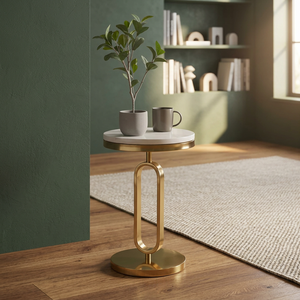 Modern Round Console <b>Table</b> with <b>Marble</b> <b>Top</b> and Brass Pedestal Base for Living Room Furniture - Product Image 2