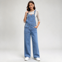 Salopette en jean pour femme, coupe droite et ample, bleu brume, avec boutons latéraux, style urbain