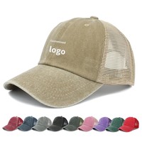 Casquette de baseball d'extérieur transfrontalière en coton lavé et tissu mesh respirant, 6 panneaux, réglable, avec logo personnalisé brodé et impression