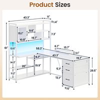 Bureau d'angle pour le travail à domicile de 66 pouces avec tiroir à dossiers et prise électrique, bureau de jeu en forme de L avec éclairage LED, bureau d'ordinateur pour deux personnes