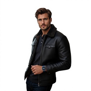 Veste en cuir de vachette noire pour homme, col rabattu, fermeture éclair, coupe classique, couleur unie, vêtement d'hiver, véritable peau d'agneau - Product Image 6