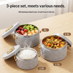 Boîte à lunch <span class=keywords><strong>isotherme</strong></span> triple compartiment en acier inoxydable aspect cuir, étanche et anti-fuite, 3 pièces, meilleure vente pour le commerce extérieur, maintien au <span class=keywords><strong>chaud</strong></span> 12 heures - Product Image 4