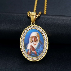 European Christian Religious Custom Photo Memory Square Stainless Steel Crystal Round Frame <b>Solid</b> Silver <b>Gold</b> Plated <b>Pendant</b> - Product Image 2
