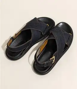 महिलाओं के फ्लैट जूते कैजुअल डेनिम क्रॉस स्ट्रैप बेल्ट महिलाओं के लिए कम एड़ी के सैंडल