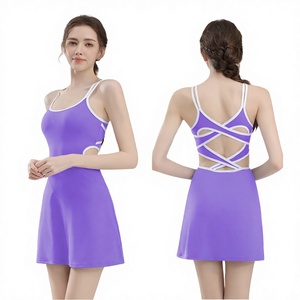 Robe de tennis violette sans manches pour femme, dos croisé, ajustée, couleur unie, respirante, vêtement de sport, tenue d'été - Product Image 3
