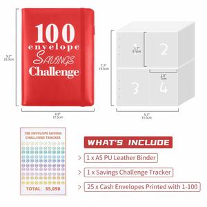A5 Leather Cover Red 100 <b>Days</b> Envelopes Money Saving Challenge Budget <b>Planner</b> with Spiral Elastic Band to Save $5050 Customized - Product Image 2